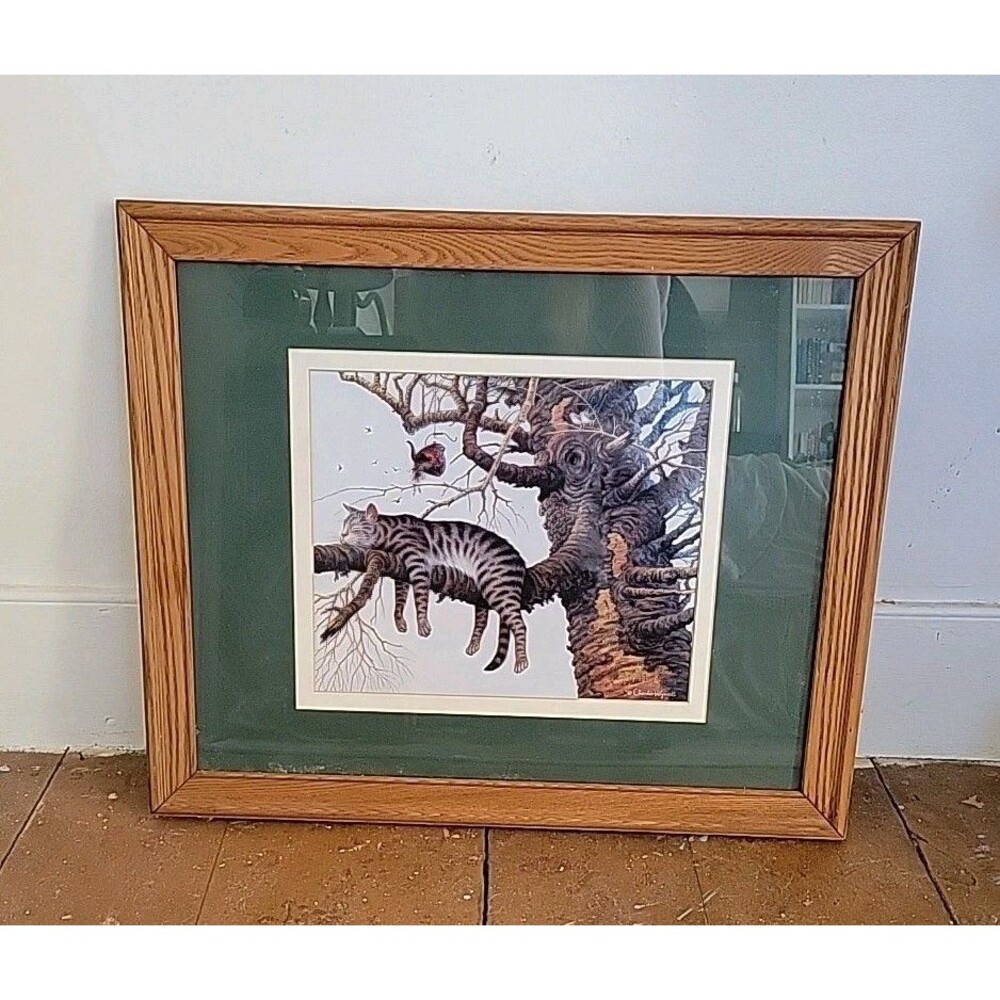 CHARLES WYSOCKI Too Pooped to Participate Framed Print Cat Sleeping On Tree Bird